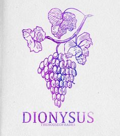 a close up of a bunch of grapes on a white surface with the words dionysus