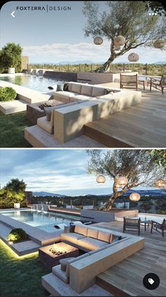 two pictures of an outdoor living area with couches and tables next to the pool