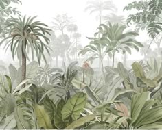 an image of a tropical scene with palm trees and other plants in the foreground