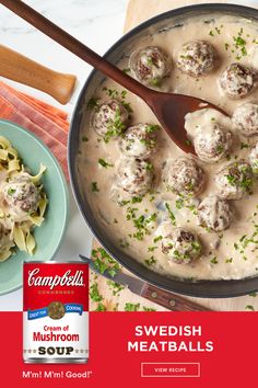 swedish meatballs with gravy in a pan next to a can of soup