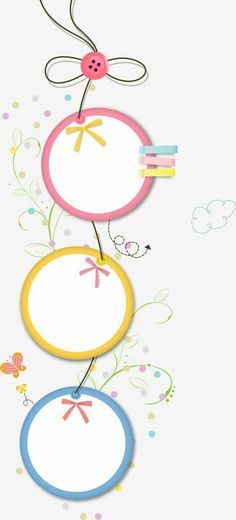 three round frames with flowers and butterflies hanging from the top one is blank for your own text