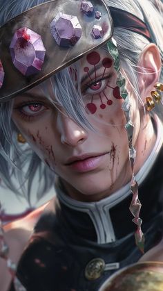 an image of a woman with white hair and blood on her face, wearing a helmet