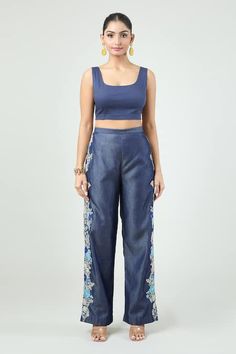 Buy Blue Denim Embroidered Floral Cape One Shoulder And Pant Set For Women by Anamika Khanna Online at Aza Fashions. Blue Embroidered Wide Leg Jeans, Fitted Blue Denim Sets, Blue Embroidered Straight Leg Pants, Embroidered Blue Straight Leg Pants, Fitted Blue Sets With Straight Pants, Blue Fitted Sets With Straight Pants, Blue Straight Leg Pants With Floral Embroidery, Blue Floral Embroidered Pant Set For Spring, Blue Floral Embroidery Pant Set For Spring