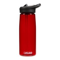 a red camelbak water bottle on a white background