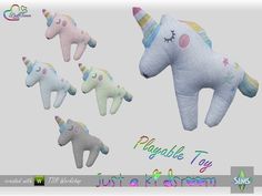 the stuffed unicorns are all different colors