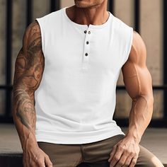 Season:Summer; Sleeve Length:Sleeveless; Gender:Men's; Style:Muscle,Fashion,Designer; Tops Type:Wife beater Shirt,Sleeveless Shirt,Undershirt,Tank Top; Occasion:Gym,Outdoor,Going out; Pattern:Pit Strip,Plain; Neckline:Henley Collar; Listing Date:12/18/2023; Bust:; Length: Wife Beater Shirt, Tuxedo Shirt Men, Undershirt Tank Top, Cheap Tank Tops, Womens Basic Tops, Mens Outdoor Jackets, Sleeveless Outfit, Outwear Women, Gym Tank Tops