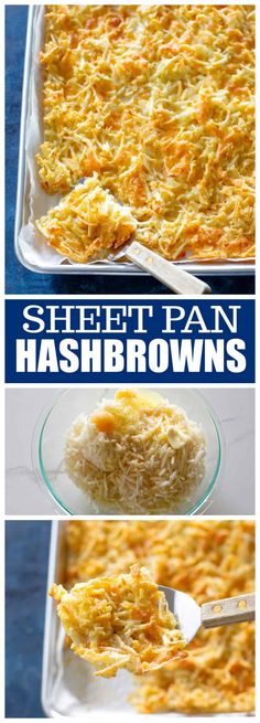 hashbrown casserole in a glass dish with cheese on top and the words sheet pan hashbrowns above it