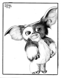 a black and white drawing of a baby gremo with big ears, standing on its hind legs