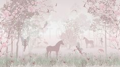 a horse standing in the middle of a forest filled with trees and flowers on a foggy day