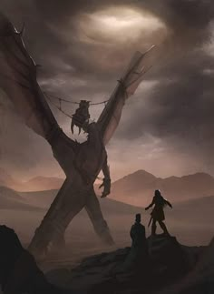 two people standing next to a giant dragon in the middle of a desert area with dark clouds