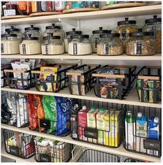 an organized pantry filled with lots of food and drink items, including rice flakes