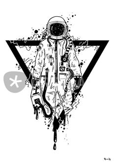 an astronaut is standing in front of a triangle with paint splattered on it