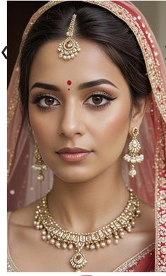 a woman in a red and gold bridal outfit with pearls on her head, wearing a