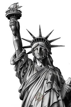 a drawing of the statue of liberty holding a tray with fruit in it's hands