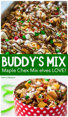 buddy's mix recipe in a red and white polka dot bowl, with text overlay