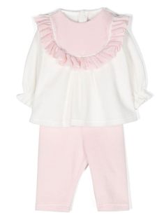 light pink/white cotton blend Top ruffled trim round neck long sleeves rear button fastening Bottoms straight leg elasticated waistband White Cotton Ruffled Sets, White Cotton Sets With Ruffles, White Ruffled Cotton Sets, Casual Long Sleeve Sets With Ruffles, Casual Long Sleeve Ruffled Sets, Casual Pink Ruffled Sets, Pink Ruffled Loungewear Set, Kenzo Kids, Tracksuit Set