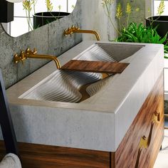 a bathroom sink with two golden faucets on it's sides and a plant in the background