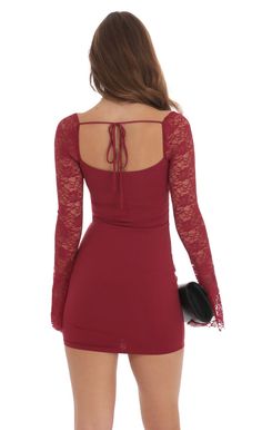 Lace Long Sleeve Bodycon Dress in Maroon | LUCY IN THE SKY Burgundy Tight Dress, Lace Bodycon Dress Long Sleeve, Hoco Dresses Long Sleeve, Red Long Sleeve Dress, Lucy In The Sky, Long Sleeve Dress Formal, Lace Long Sleeve, Sleeve Bodycon Dress, Dress Formal