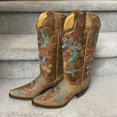 Purchased In A Boutique In Texas Called Diamond T Outfitters. Never Worn, Nwt! Multicolor Western Boots For Winter, Casual Multicolor Snip Toe Boots, Fitted Multicolor Snip Toe Boots, Tall Brown Suede Boots, Black Leather Cowboy Boots, Tall Lace Up Boots, Calf High Boots, Taupe Heels, White Leather Boots