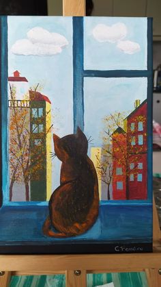 a painting of a cat sitting on a window sill looking out at the city