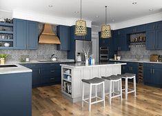 a large kitchen with blue cabinets and white counter tops is pictured in this artist's rendering