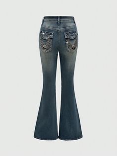 Y2K Vintage Baddie Style Embroidered Rhinestone Skeleton Wing Fitted Flare Leg Jeans Women, Multi-Occasion Wear Blue Casual   Denim Graphic,Halloween,Plain Flare Leg Medium Stretch  Women Clothing, size features are:Bust: ,Length: ,Sleeve Length: Bedazzled Flare Jeans, Y2k Flare Jeans, Mexican Jeans, Flare Jeans Rhinestones, Y2k High Waist Denim Flare Jeans, Non-stretch Y2k Flare Jeans, Cheap Y2k Style Full-length Flare Jeans, Flare Jeans Y2k, Flared Miss Me Jeans