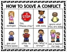 a poster with words describing how to solve a conflict and what to do in it