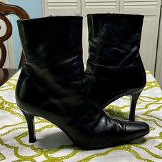 Black Leather High Heels Booties With A Side Zipper. A Comfortable Booties. In A Great Used Condition. Fitted High Heel Mid-calf Boots With Zipper Closure, Ankle-high Booties With 4-inch Heel And Medium Width, Black Ankle-high Heels With Sculpted Heel, Pointed Toe Booties With Reinforced Heel, Medium Width, Black Party Booties With 4-inch Heel, Stuart Weitzman Shoes, Leather High Heels, High Heels Stilettos, Black Booties