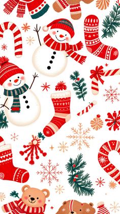 seamless christmas pattern with teddy bears and snowmen in red hats, scarfs and mittens