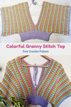 a crocheted granny stitch top with the text, colorful granny stitch top free croche