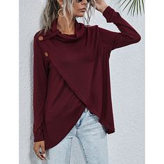 Wine Red Button Cowl Neck Asymmetric Hem Long Sleeve Tops Casual Asymmetrical Top With Button Closure, Chic Asymmetrical Tops With Button Closure, Chic Asymmetrical Top With Button Closure, Red Asymmetrical Top For Fall, Casual Tops With Button Closure And Asymmetrical Hem, Chic Tops With Asymmetrical Hem And Buttons, Chic Top With Buttons And Asymmetrical Hem, Chic Asymmetrical Top With Buttons, Casual Sweater