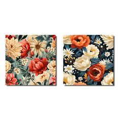 two canvases with flowers on them, one is orange and the other is blue