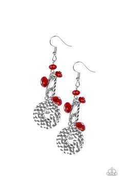 Glittery red crystal-like beads trickle along a lure featuring a hammered silver disc and twisted silver fittings for an abstract look. Earring attaches to a standard fishhook fitting.

 Sold as one pair of earrings. Nickel-free Red Drop Earrings Jewelry, Red Nickel-free Teardrop Dangle Earrings, Elegant Nickel-free Red Chandelier Earrings, Crystal Texture, Red Bohemian Chandelier Earrings Nickel-free, Nickel-free Red Crystal Earrings, Paparazzi Accessories Jewelry, Mobile Boutique, Red Necklace