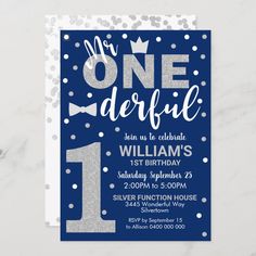 a blue and silver onederful birthday party card with the number one on it