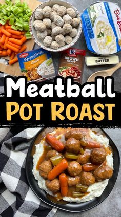 meatball pot roast with carrots, celery and broccoli on the side