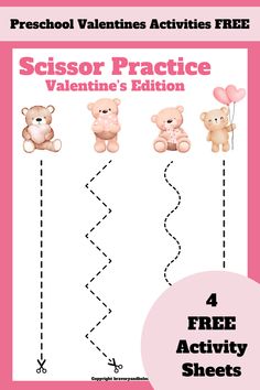 a valentine's activity sheet with teddy bears on it and the words scissor practice