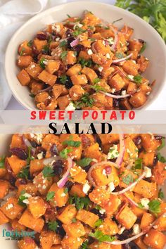 sweet potato salad with feta cheese and onions in a white bowl on a table