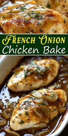 Love French onion soup? You'll adore this French Onion Chicken Bake! 🍗🧅 Packed with savory flavors, melty cheese, and tender chicken. A family favorite recipe! 🥣✨ #ComfortMeals #ChickenBake #FrenchOnionLove #DinnerIdeas