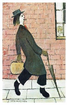 a drawing of a man with a hat and cane walking down the street in front of a brick wall