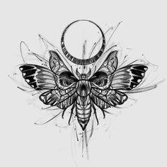 a black and white drawing of a butterfly with horns on it's wings, in the shape of a skull