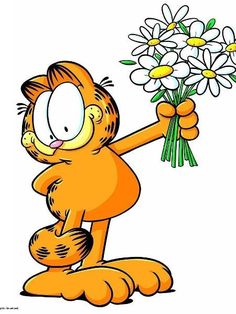 garfield the cat holding flowers in one hand and pointing to it with its other arm