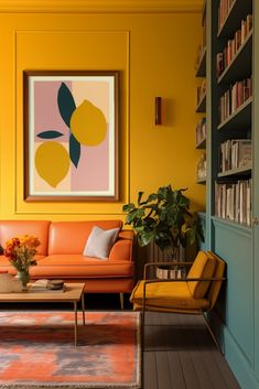 a living room filled with furniture and a painting hanging on the wall above it's bookshelf