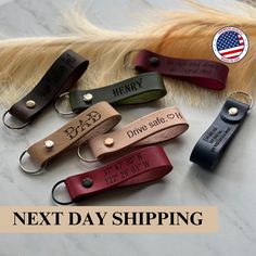 leather keychains with personalized names and date engraved on them for the next day shipping