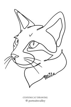 a black and white drawing of a cat's face with the name mia on it