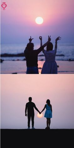 two people holding hands while standing in front of the ocean at sunset and on the beach