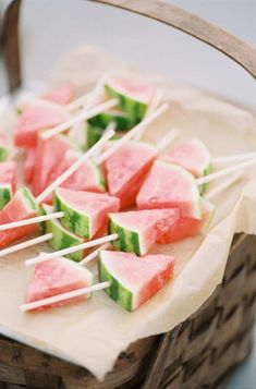 watermelon and cucumber skewers in a basket