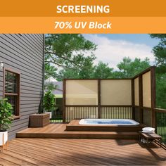 a deck with a hot tub on it and the words screening 70 % iv block