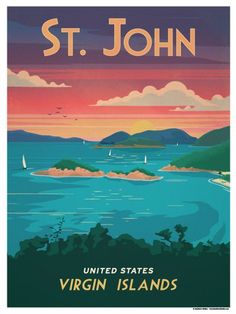 a poster with the name st john on it's front and an island in the background