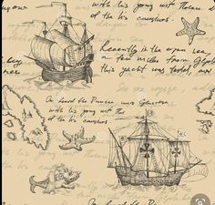 an old pirate ship and other items on a paper with handwritten text in the background