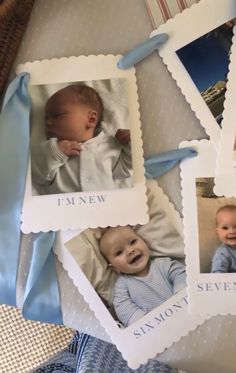 four pictures of babys and their names are shown on some paper with blue ribbons